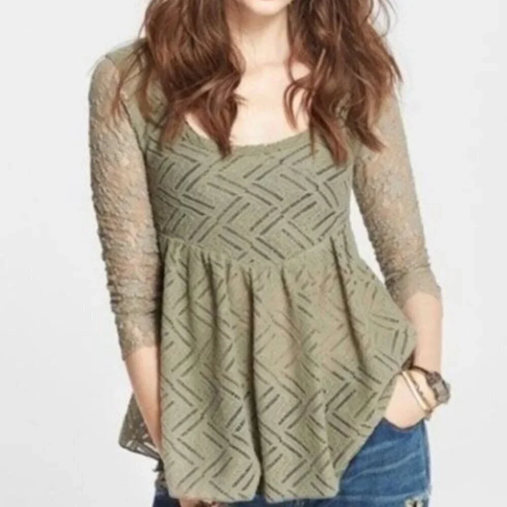 Free People Gracie Brushed Lace Top in Green, Sz S